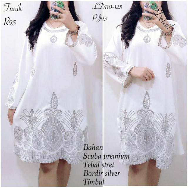 Tunik Putih Scuba Fashion Muslim Syari Bordir Wanita Baju Atasan Lengan Panjang Cantik Premium Murah