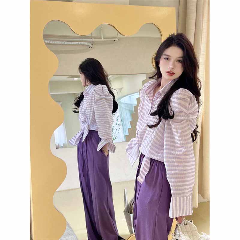 blouse korea kemej puff lengan kemeja kotak-kotak kerah tombol mid-length strap lembut kasual tabir