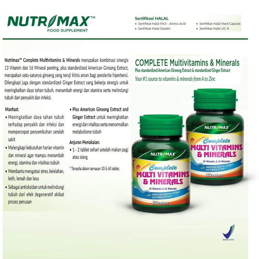 BPOM NUTRIMAX COMPLETE MULTIVITAMINS &amp; MINERALS ISI 30 / MULTI VITAMIN C+ / SYE