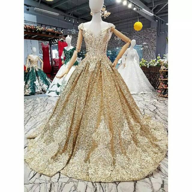Gaun Wanita Dengan Model Off Soulder Warna Emas / gaun pernikahan  berkilau  emas renda gold