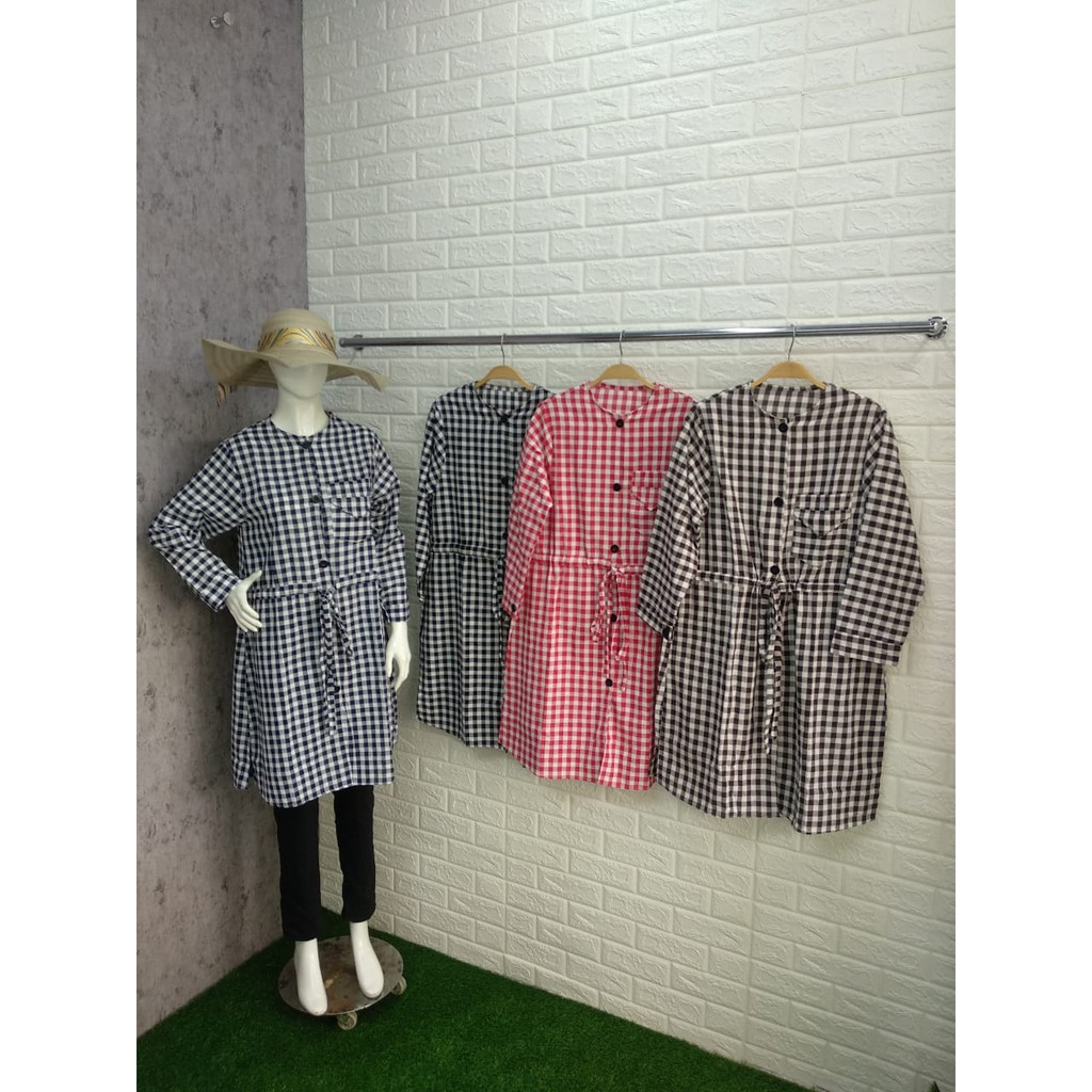 Kemeja Tunik Kotak Bahan Linen Rami Import