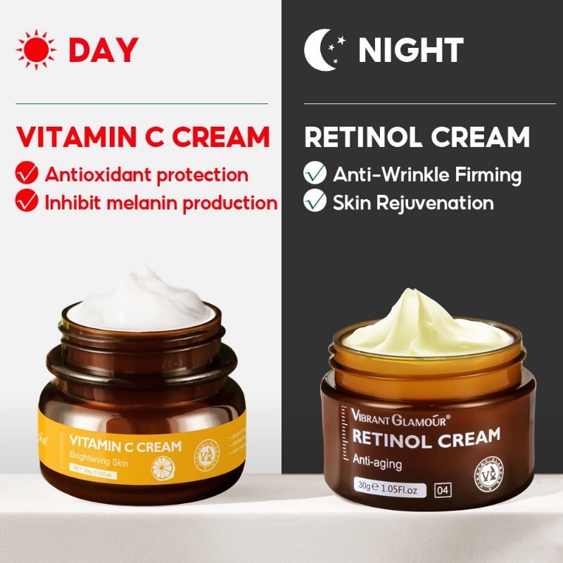 VIBRANT GLAMOUR Retinol Cream + Vitamin C Cream Set - Paket Cream Siang &amp; Malam krim siang dan malam Pemutihan pelembab dan anti -aging