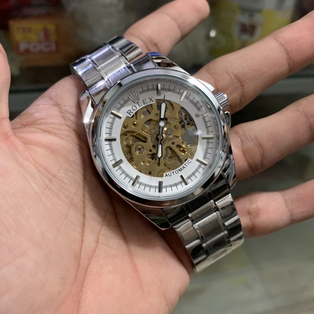 JAM TANGAN PRIA ROLEX AUTOMATIC OTOMATIS TANPA BATERAI RANTAI SILVER GOLD BLACK SKELETON CHAIN