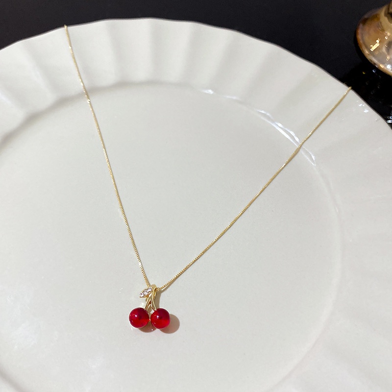 Kalung Rantai Klavikula Desain Cherry Warna Merah Gaya Korea Untuk Wanita