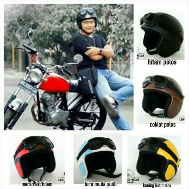 Helm Bogo Retro SNI Kulit Hitam Coklat Kuning Biru Merah Kacamata
