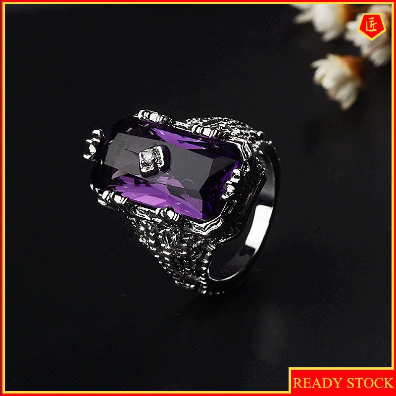 [Ready Stock]Personality Vintage Inlaid Chamfered Rectangular Amethyst Ring