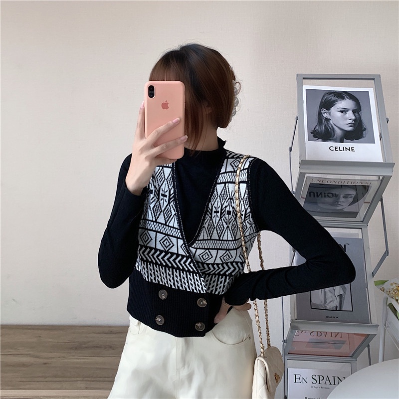 Rompi Rajut wanita Crop Top Jaket Tanpa Lengan Sweater