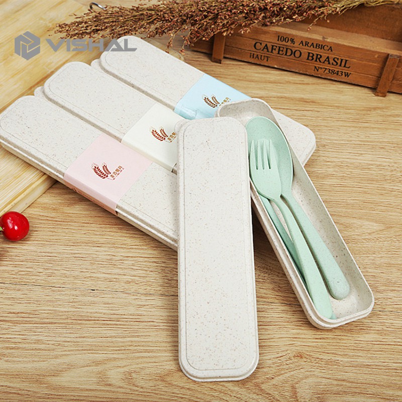 VISHAL 4 pcs Wheat straw Travel Cutlery Set Portabel Alat Makan Sendok Garpu Sumpit Chopsticks VS-23