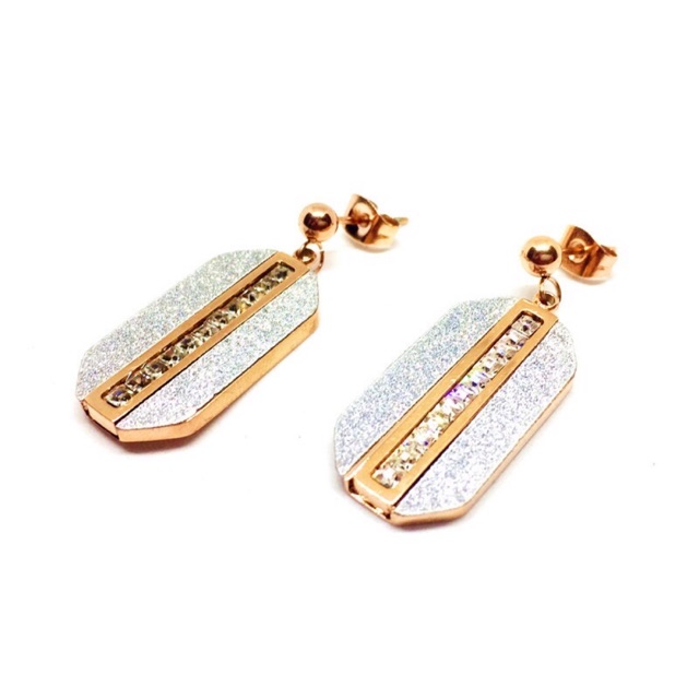 Anting Tusuk Korea Titanium Premium Lapis Emas 18K Anti Karat Model Menjuntai Berlian- Rose Gold