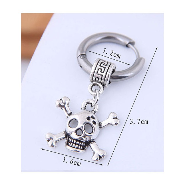 LRC Anting Tusuk Fashion Silver Titanium Steel Skull Earrings Single A59350