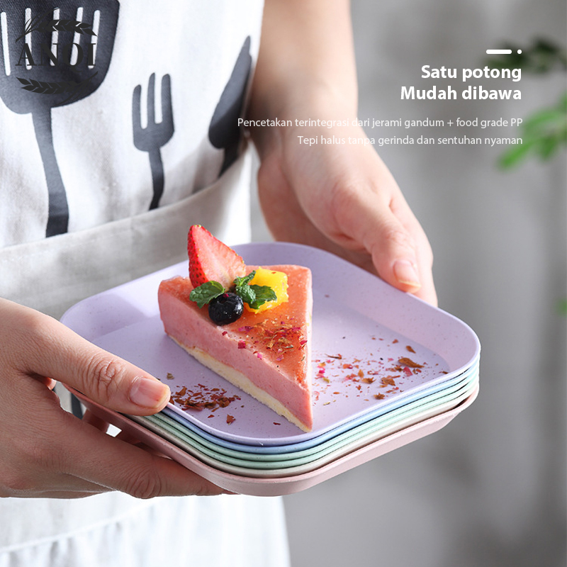 ANQI Piring Makan Bentuk Kotak Wheat Straw Square Plate Warni Set 4 In 1 Square Plate Dinner Plate