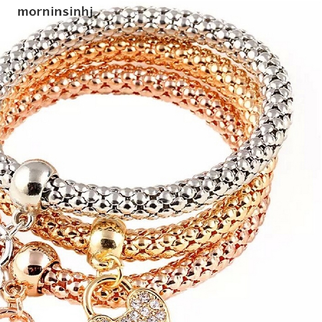 Mornin 3pcsset Gelang Bangle Elastis Dengan Charm Hati Aksen Berlian Imitasi Untuk Wanita