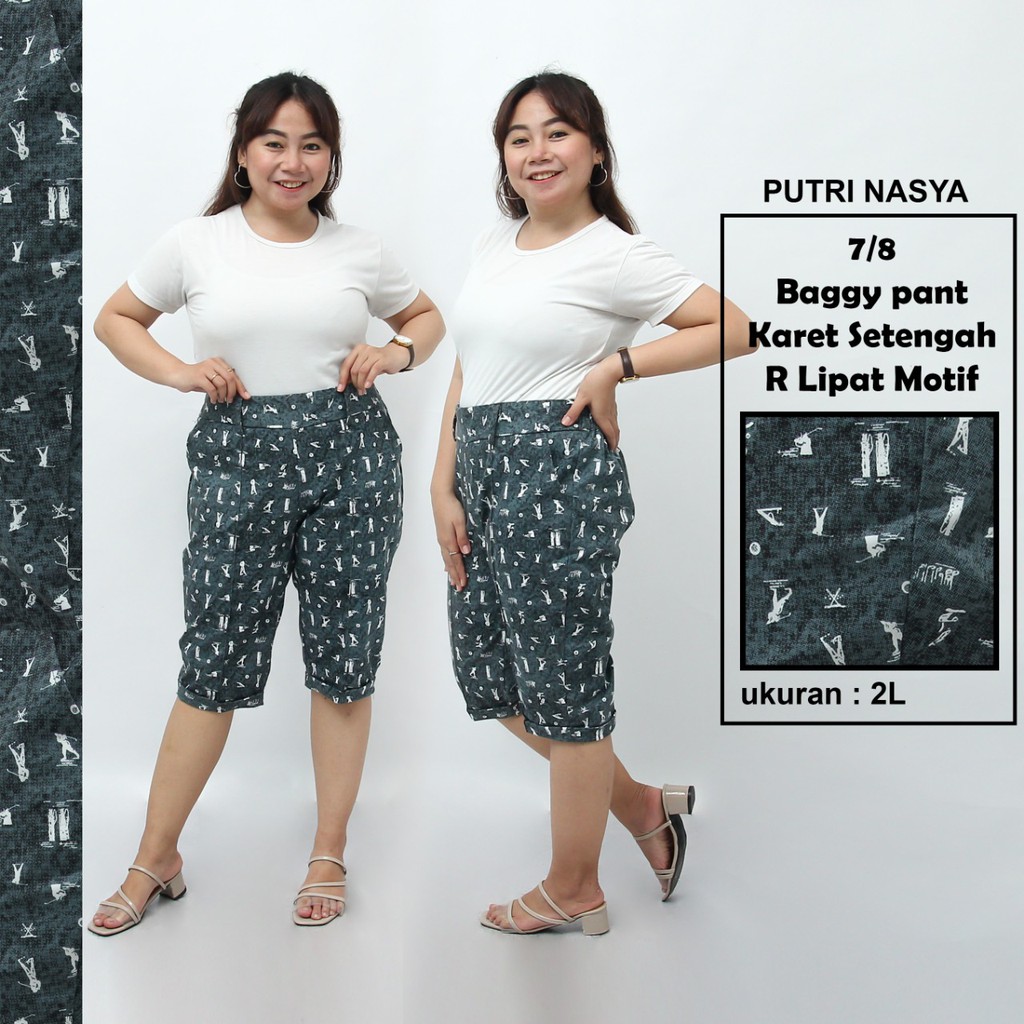 Celana 7/8 jumbo motif Resleting karet/ baggypant jumbo / celana pendek 8L-6L-5L-4L-2L-XL-S fit to L