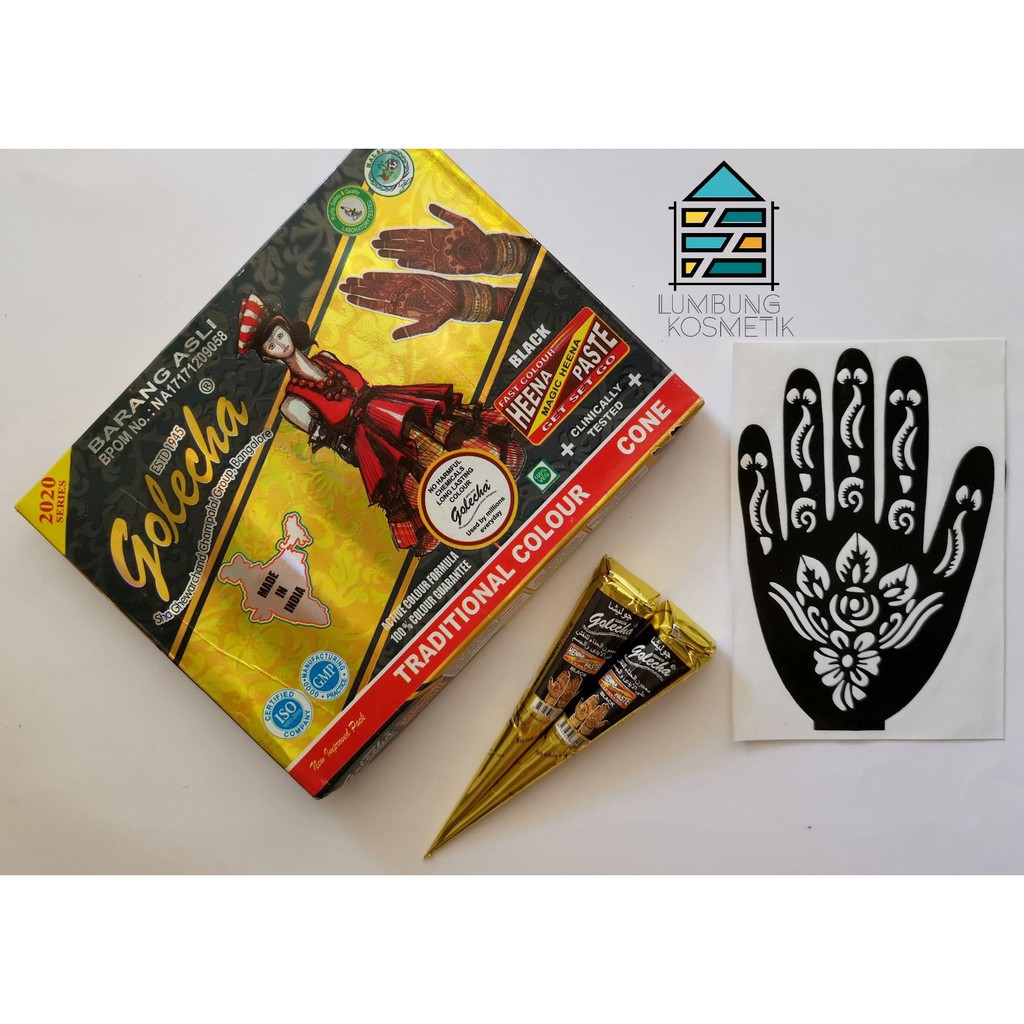 Paket Henna Neha / Golecha Hitam + Cetakan Sticker Hena Black Cone Nail Art Ecer