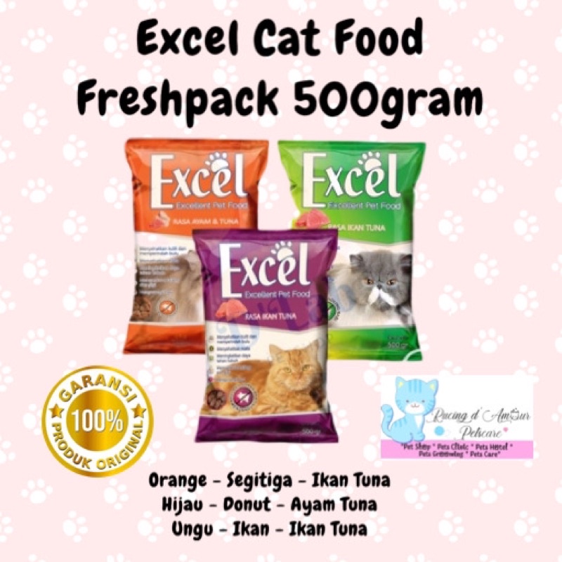 Excel cat food Pink , Hijau, Ungu, Orange catfood makanan kucing halal dryfood japfa rasa tuna rasa 