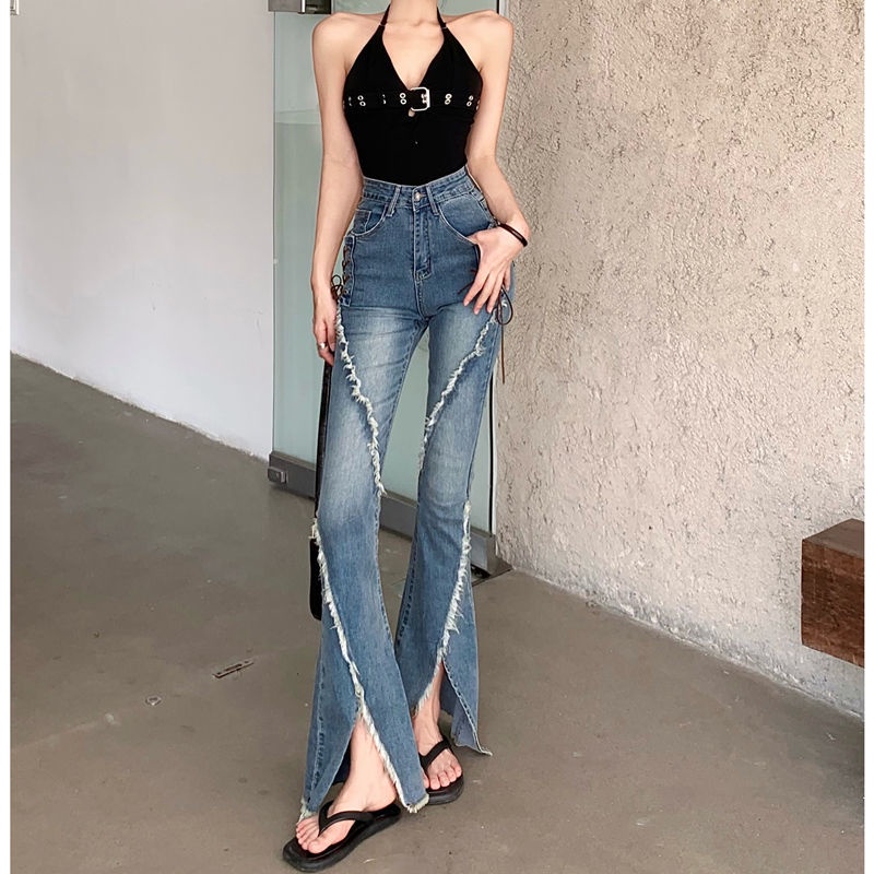 Red Retro Split Raw Edge Strappy Jeans Wanita Musim Panas Slim Peregangan Pinggang Tinggi Slim Celana Berkobar Mikro Celana