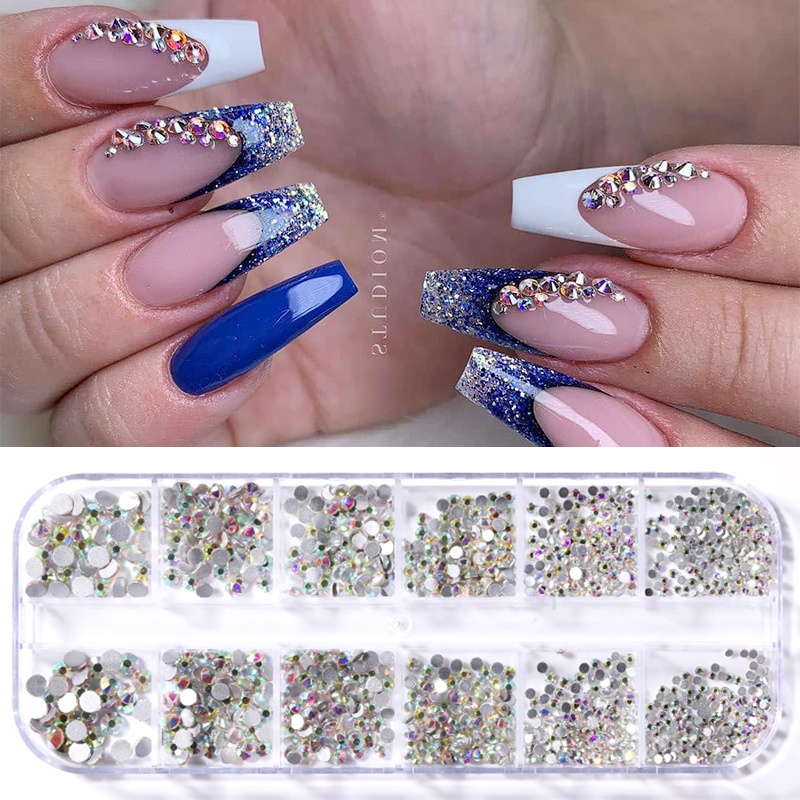 Ab Flat Back Clear Nail Rhinestone 3D Flat Bottom Ukuran Campur Mempesona Nail Art Dekorasi in Wheel