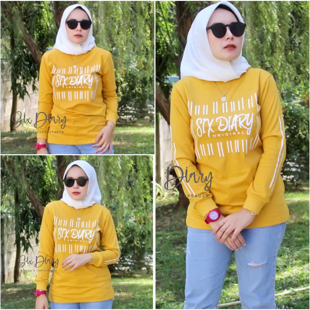 Kaos Wanita Atasan Wanita Kaos Lengan Panjang Wanita Six Diary WARNA KUNING MUSTARD Motif BARCODE // SIX DIARY/ATASAN WANITA/PAKAIAN WANITA TERBARU 2022