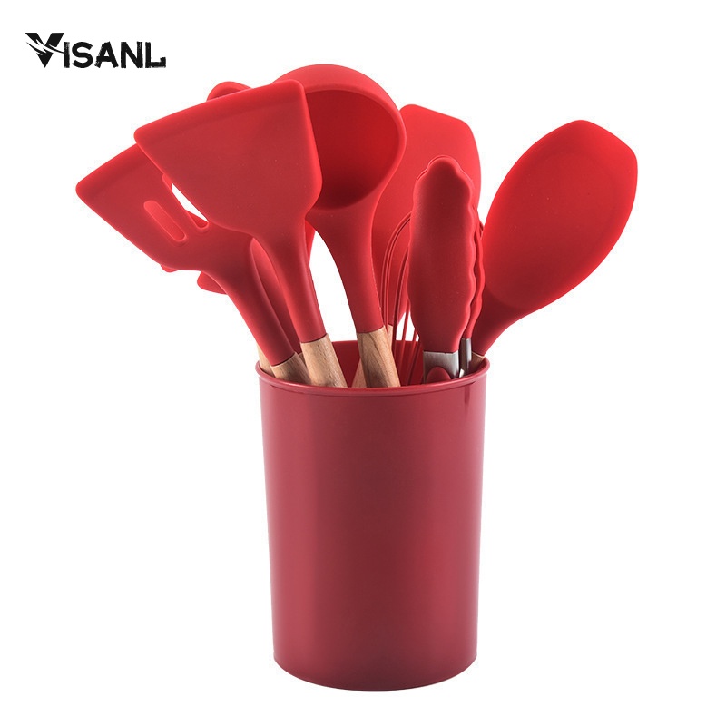 Sillicone Utensil Set 12 Pcs / Spatula Peralatan Masak sutil pegangan kayu baking set + wadah