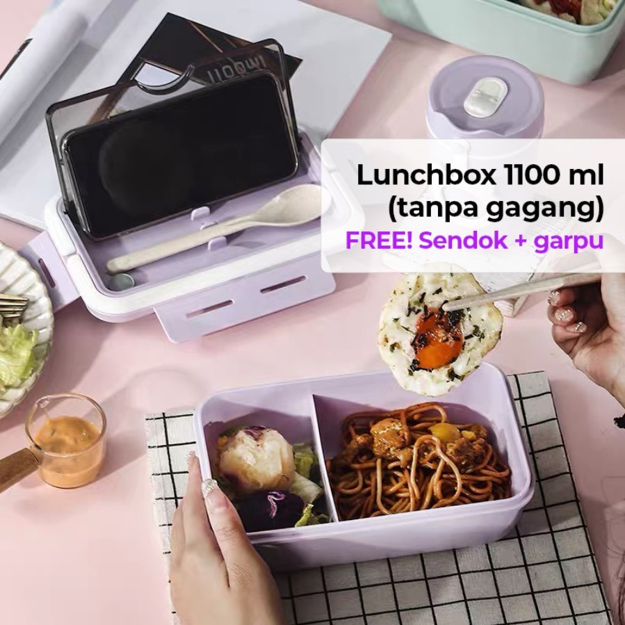 (KJO) Kotak Bekal Makan LUNCH BOX Jerami Gandum 1100ml / Lunch Box Tempat Makan 4in1 FREE Sendok Sumpit