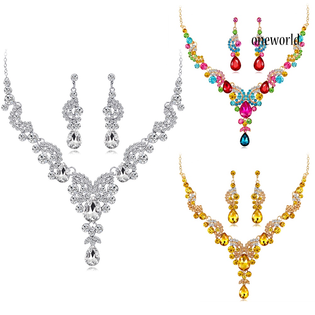 OW@ Women Jewelry Set Elegant Rhinestone Teardrop Pendant Wedding Necklace Earrings