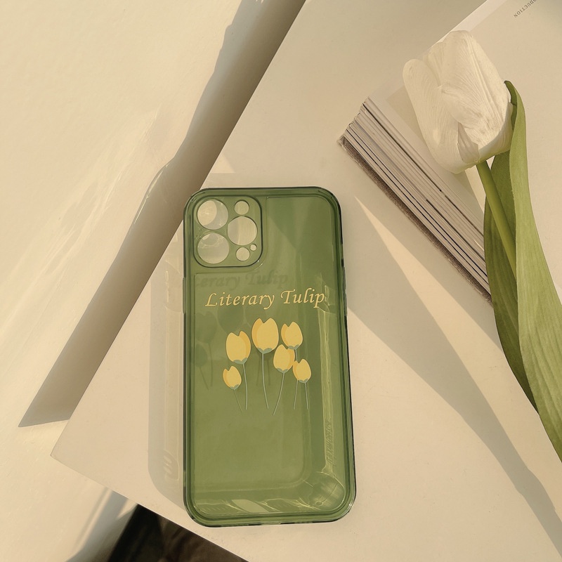 IPHONE Casing TPU Hijau Transparan Tulip Untuk Iphone7 8 PLUS X XR XS 11 12 13 14 MINI Pro MAX SE Airpods 1 2 Pro TWS Soft Cover