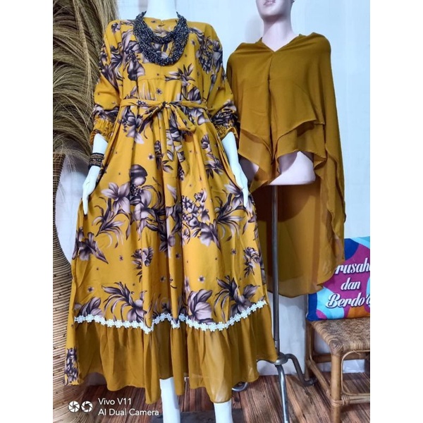 Gamis Monalisa Cimbi Ceruty Set Hijab Dres Khimar Ceruty Pakaian Muslim Wanita