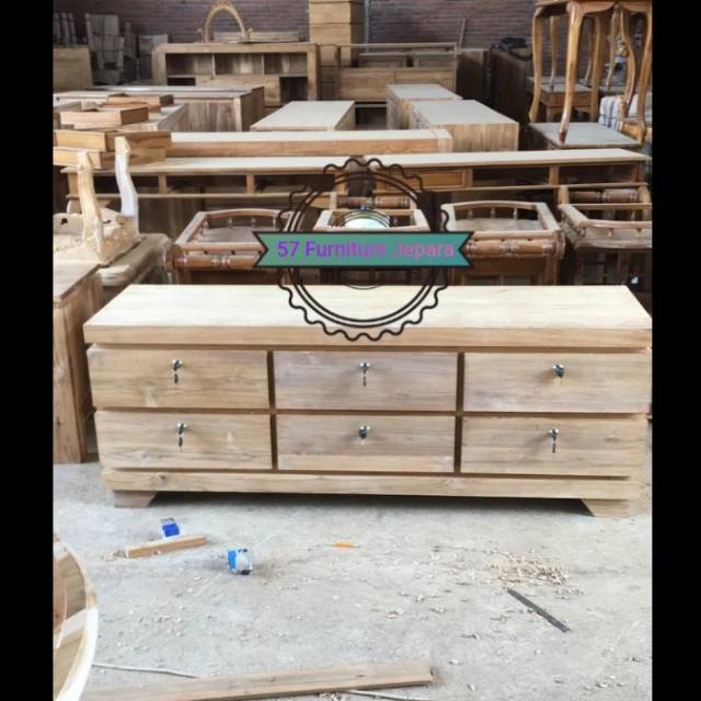 Drawer kayu jati - Bufet meja Tv laci + kunci panjang 150cm - lemari pendek ruang keluarga mentahan