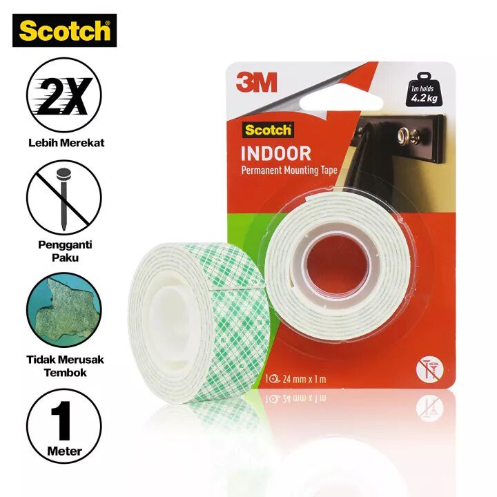 3M DOUBLE TAPE MOUNTING SCOTCH 24 MM X 1M 114 INDOOR PERMANEN SELOTIP DOUBLE FOAM