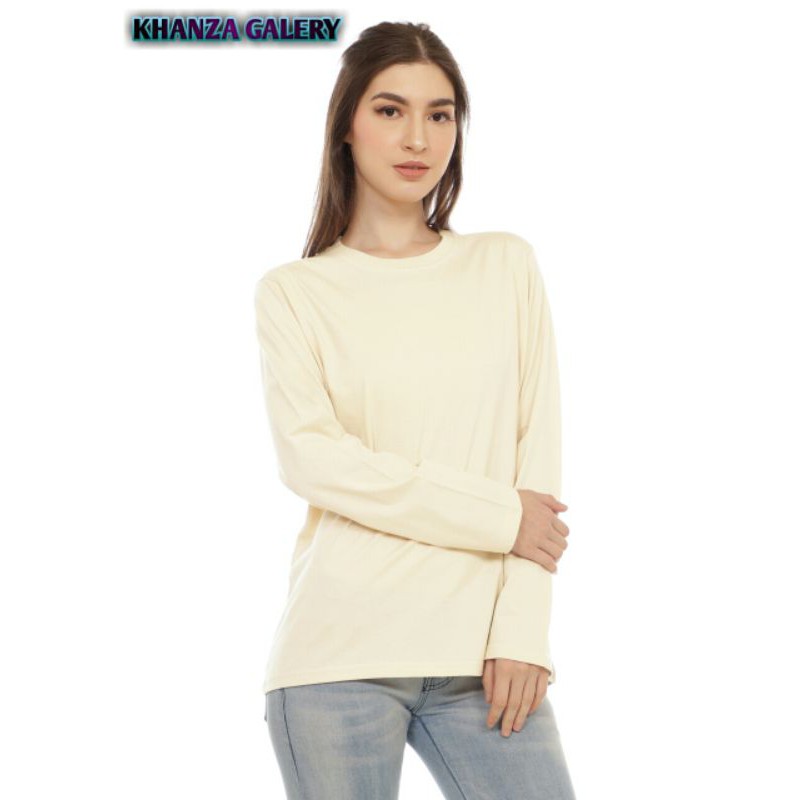 Kaos Polos Wanita Lengan Panjang Warna Cream Bahan Adem Cotton Combed 30s Unisex
