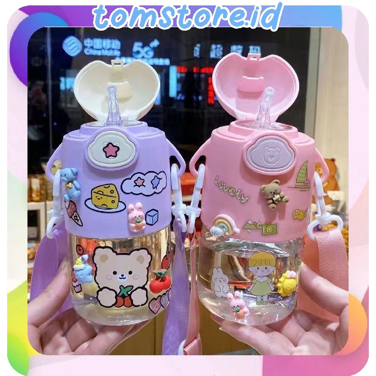 TOMSTORE.ID Botol Minum Lucu Air 600ml Botol Minum Motif Karakter Beruang Imut dengan Sedotan R746