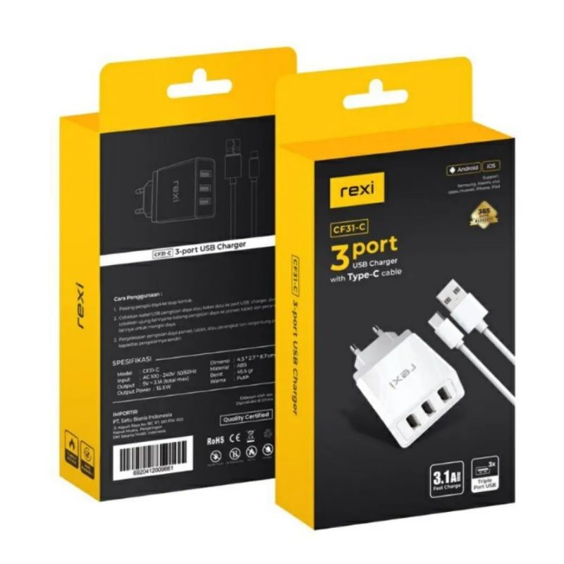 REXI 3 port USB charger with micro cable CF31-M dan CF31-C