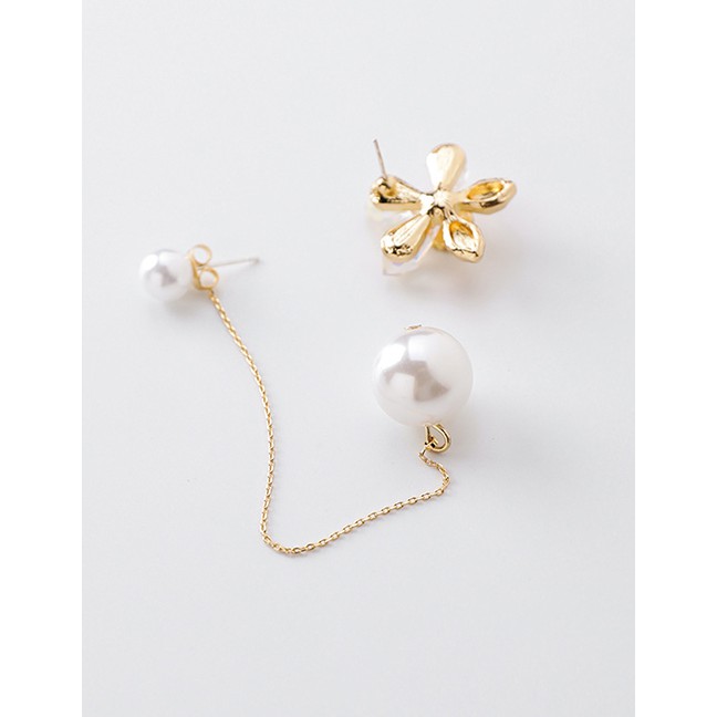 LRC Anting Tusuk Fashion Gold 925 Silver Needle Crystal Flower Pearl Tassel Asymmetric Earrings D152