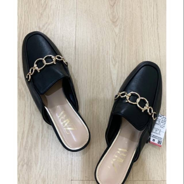 zara leather mule loafers with chain shoes