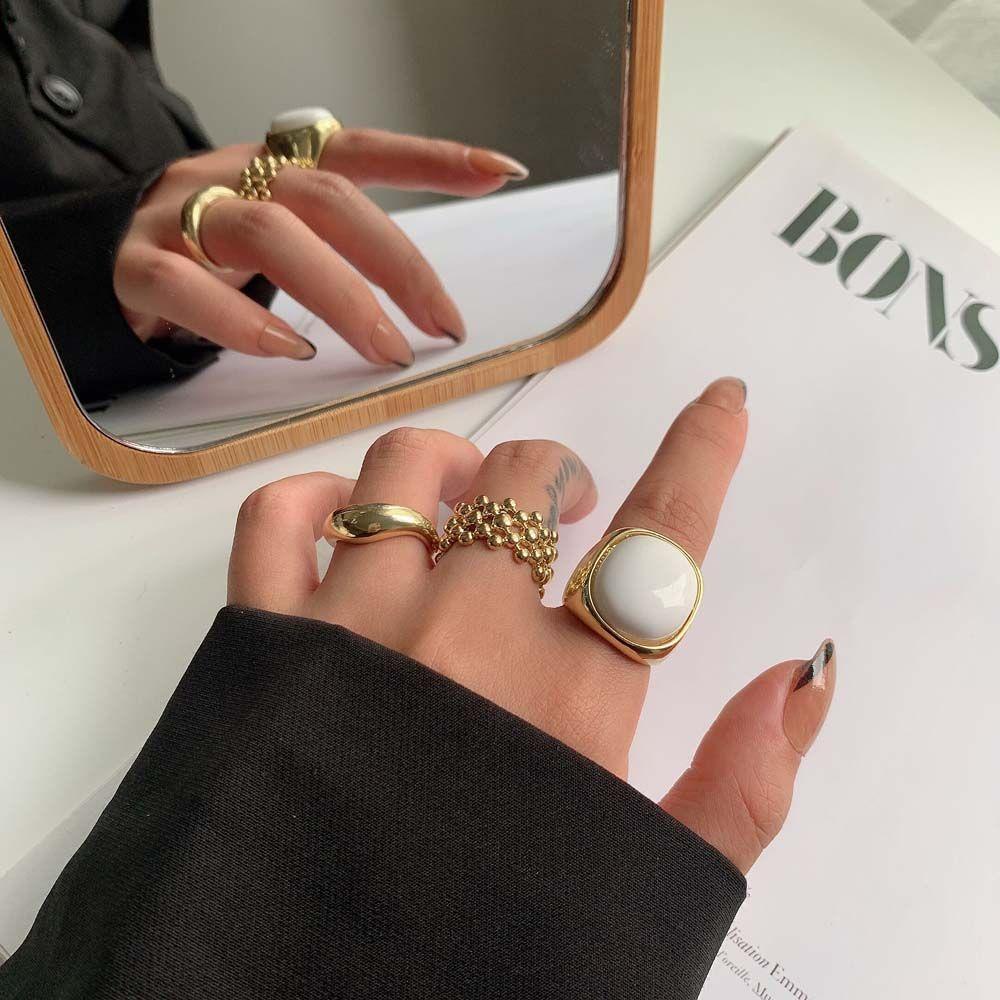 Mxbeauty Cincin Jari Set Perempuan Chic Vintage Permata Putih Bersama Rings Warna Emas Geometris Manik-Manik Logam Terbuka Rings