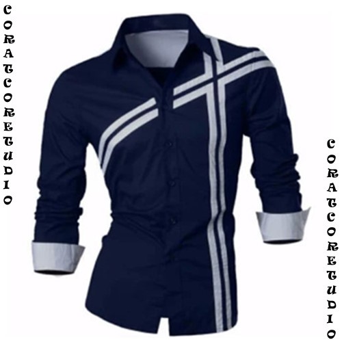 ( S M L XL ) Kemeja Pria Lengan Panjang Sablon Garis PUTIH HITAM ABU BIRU MERAH - CORATCORETUDIO