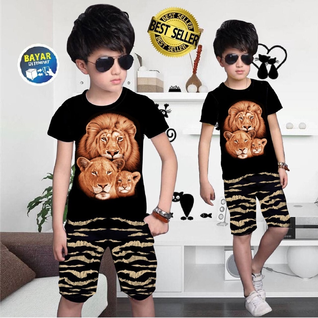 Baju Setelan Anak Cowok Motif Tiga Singa / Dari Umur Usia 5-11 Tahun / Bisa COD / Pakaian Anak / Shalch Trendy