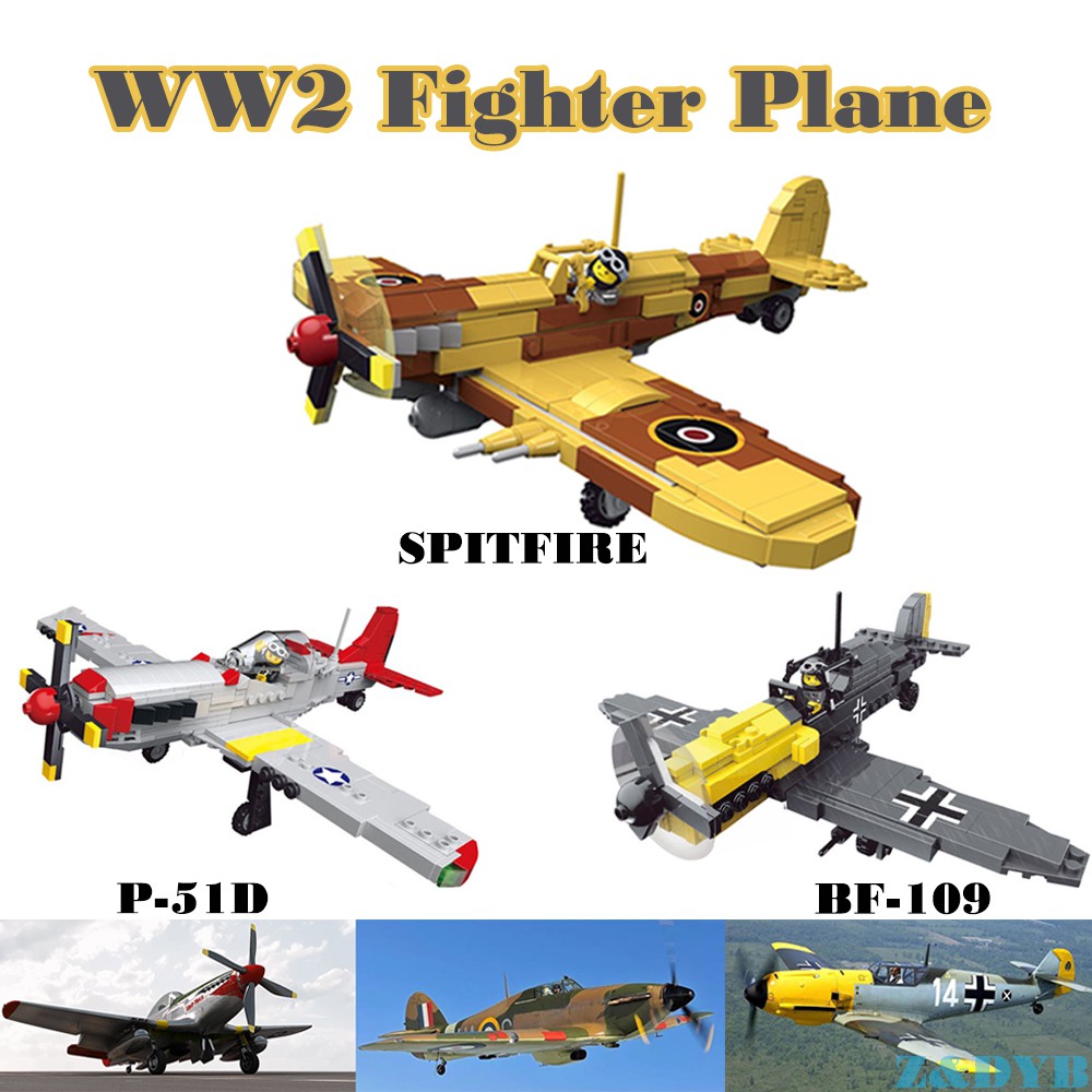 Mainan Lego 476PCS Spitfire WW2 Fighter Sets P51 BF109 Military Weapon Aircraft Airplane Army