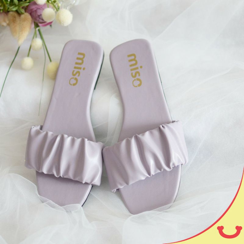 Sandal Flat wanita ungu pastel lilac lavender tali kerut