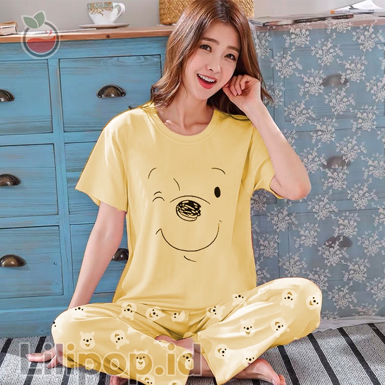 Lilipop.id  Baju Tidur Wanita CP Pooh Setelan Piyama BabyDoll Kaos Celana Panjang