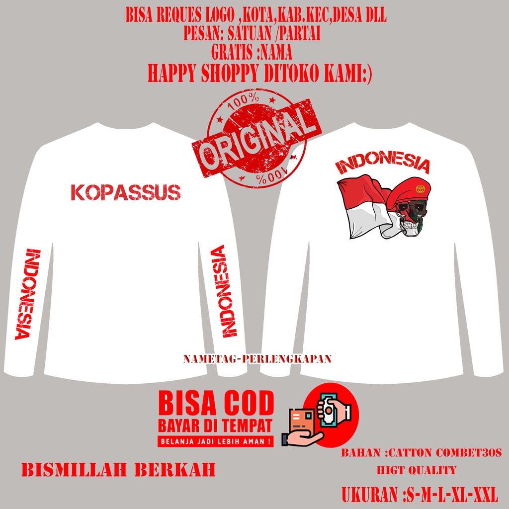 Kaos Kopassus Merah Putih Lengan Panjang/Lengan Pendek
