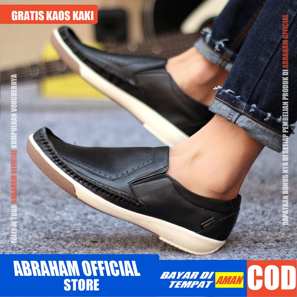 ABRHM X SANDRO Sepatu Slip On Pria Sepatu Pria Casual Cowok/Cowo Kulit Asli Sepatu Kasual Slop Anti Slip Semi Formal Kerja Kuliah Gaya Santai Keren Kekinian Original Murah Terlaris