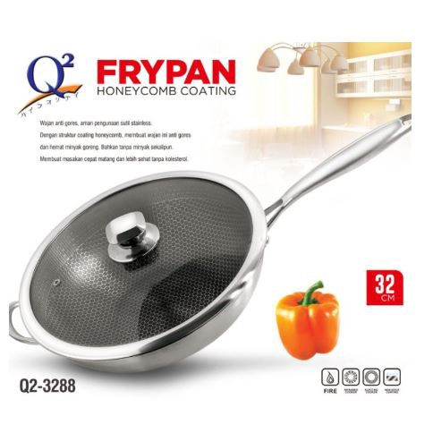 Wajan Frypan Panci Stainless Honeycomb Coating Q2 3288 32cm Penggorengan Kuali Wok Anti Lengket Tutup Kaca