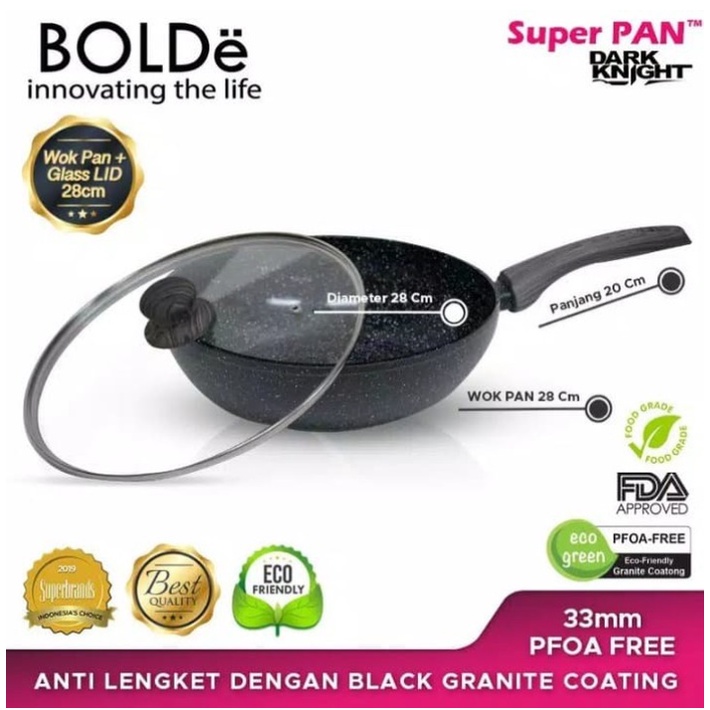 BOLDe Super Pan Wajan Wok Pan Granite Coating 28 CM + Glass Lid Tutup Kaca Dark Knight Black Edition