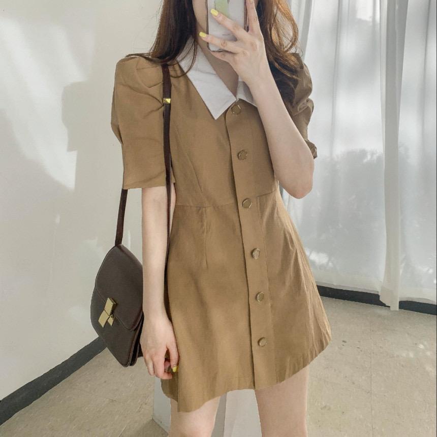 [littlecrab] Dress Full Kancing Simple Elegan Dress Kerah Putih Dress Polos Berkualitas Korean Style Short Dress Model Simply Dress Lengan Pendek Nyaman Dress Berkerah Lembut Berkualitas