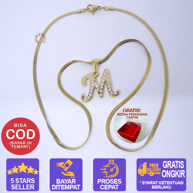 Lovelybutik Honey Kalung Huruf Titanium Anti Karat Inisial M Uk 45 cm BONUS KOTAK PERHIASAN