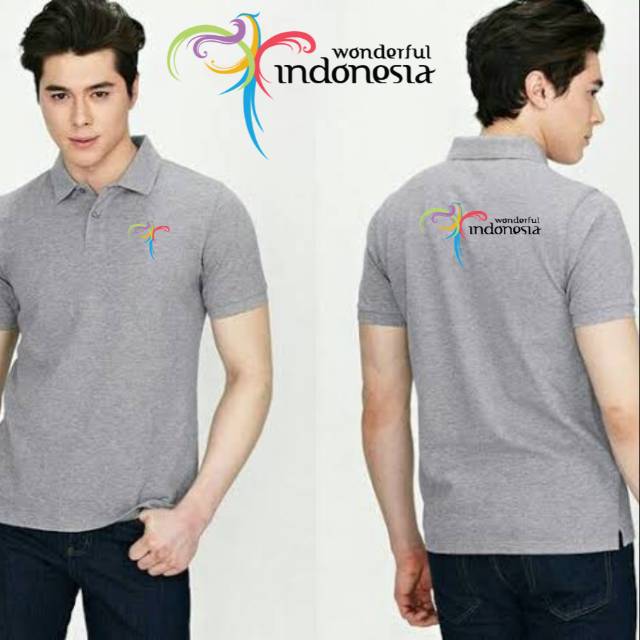 Kaos polo shirt abu muda wonderful indonesia.Baju wonderful indonesia kuakitas Bordir sablon digital