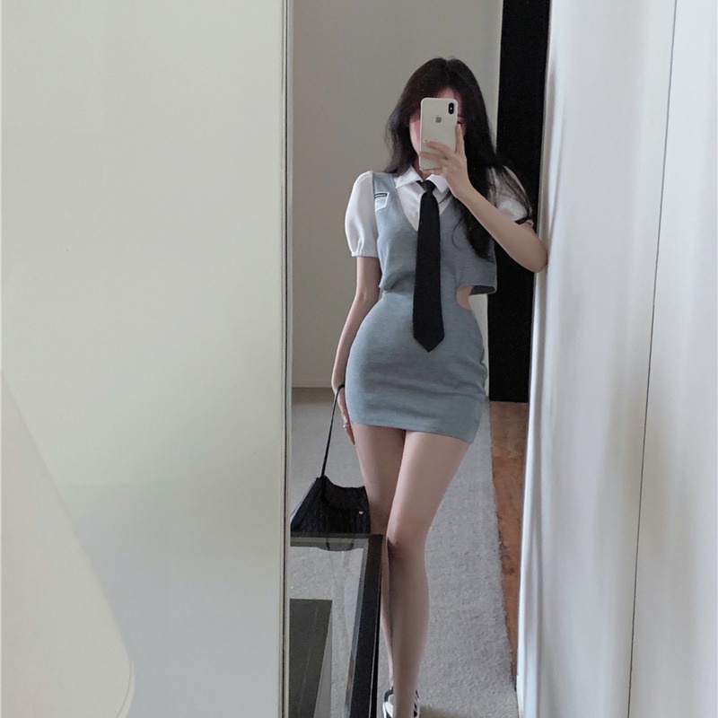 Mini Dress Perancis Temperamen Warna Kontras Jahitan Kecil Wewangian Tas Hip Gaun Wanita Musim Panas