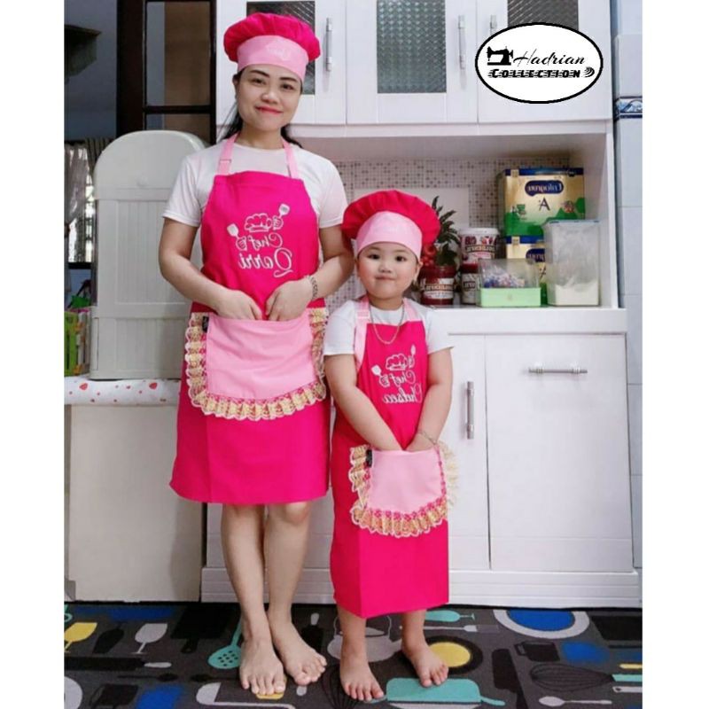 Celemek Topi Koki Anak dan Dewasa Model Kantong Renda | Celemek anak Custom nama | Celemek Masak Anak | Apron Anak | Celemek Anak Murah Best Quality Premium ( BISA CUSTOM BORDIR NAMA )