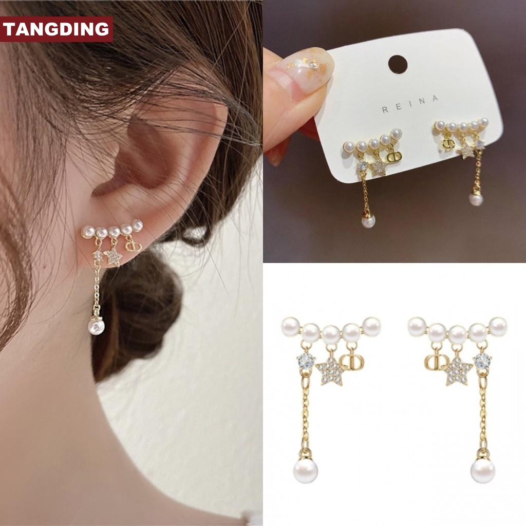 【COD Tangding】Pearl Chain Tassel Star Earrings Star Temperament Small Fresh Fashion Earstuds Fashion Accessories Jewelry